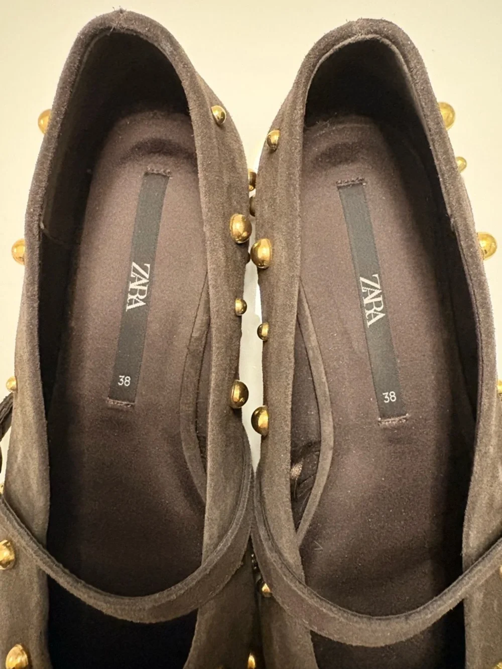 Zara Chocolate Brown Suede Mary Jane Flats with Gold Studs - Picture 5 of 5